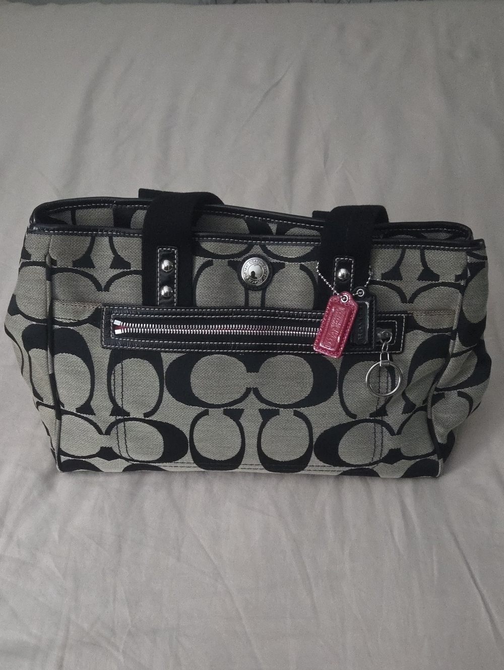 Coach Black and Khaki Signature Canvas Tote with Pink Charm